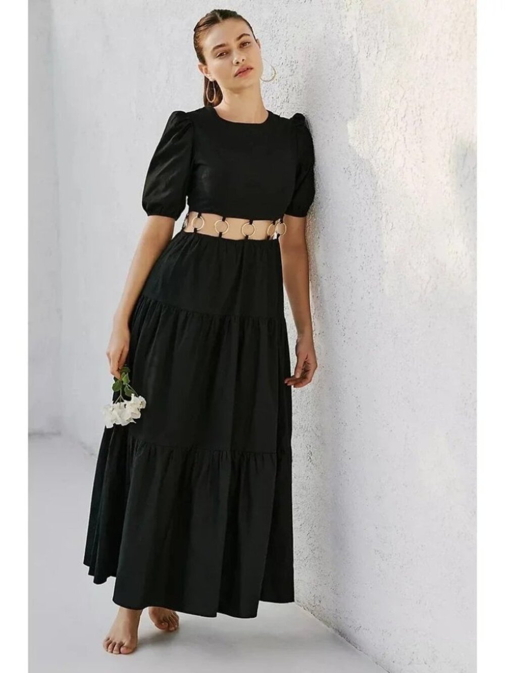 Anthropologie Charlie Holiday Andrea Maxi Dress Black Cut-Out Waist Puff Sleeves